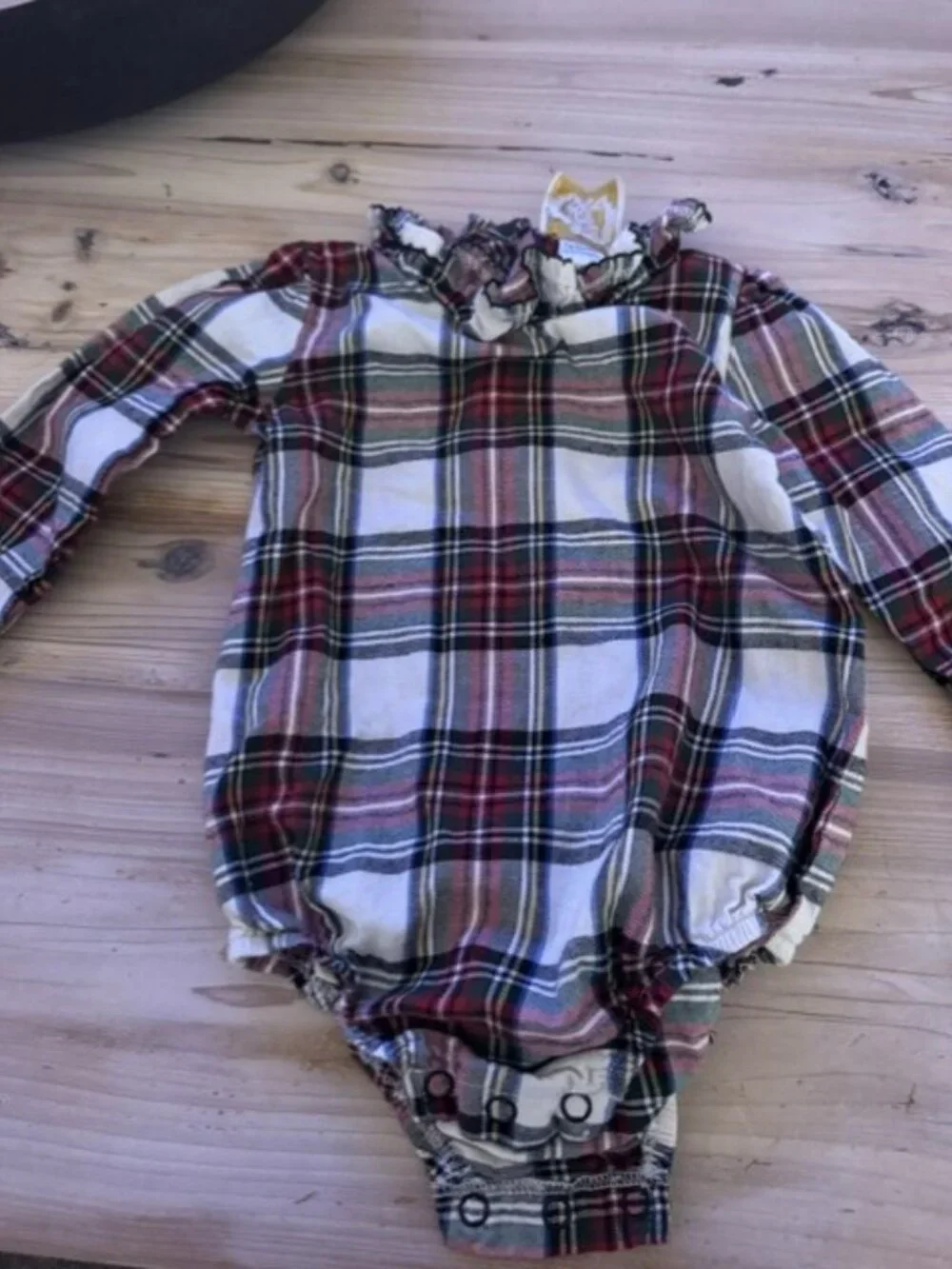 The Beaufort Bonnet Company. Plaid flannel onesie with ruffle collar. Size 12-18